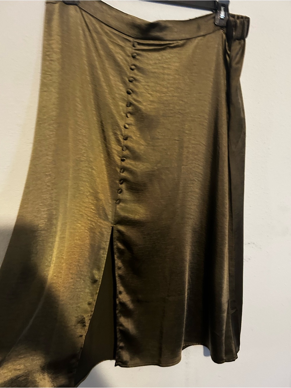 Vince Camuto Olive Satin Button-Front Midi Skirt with Front Slit